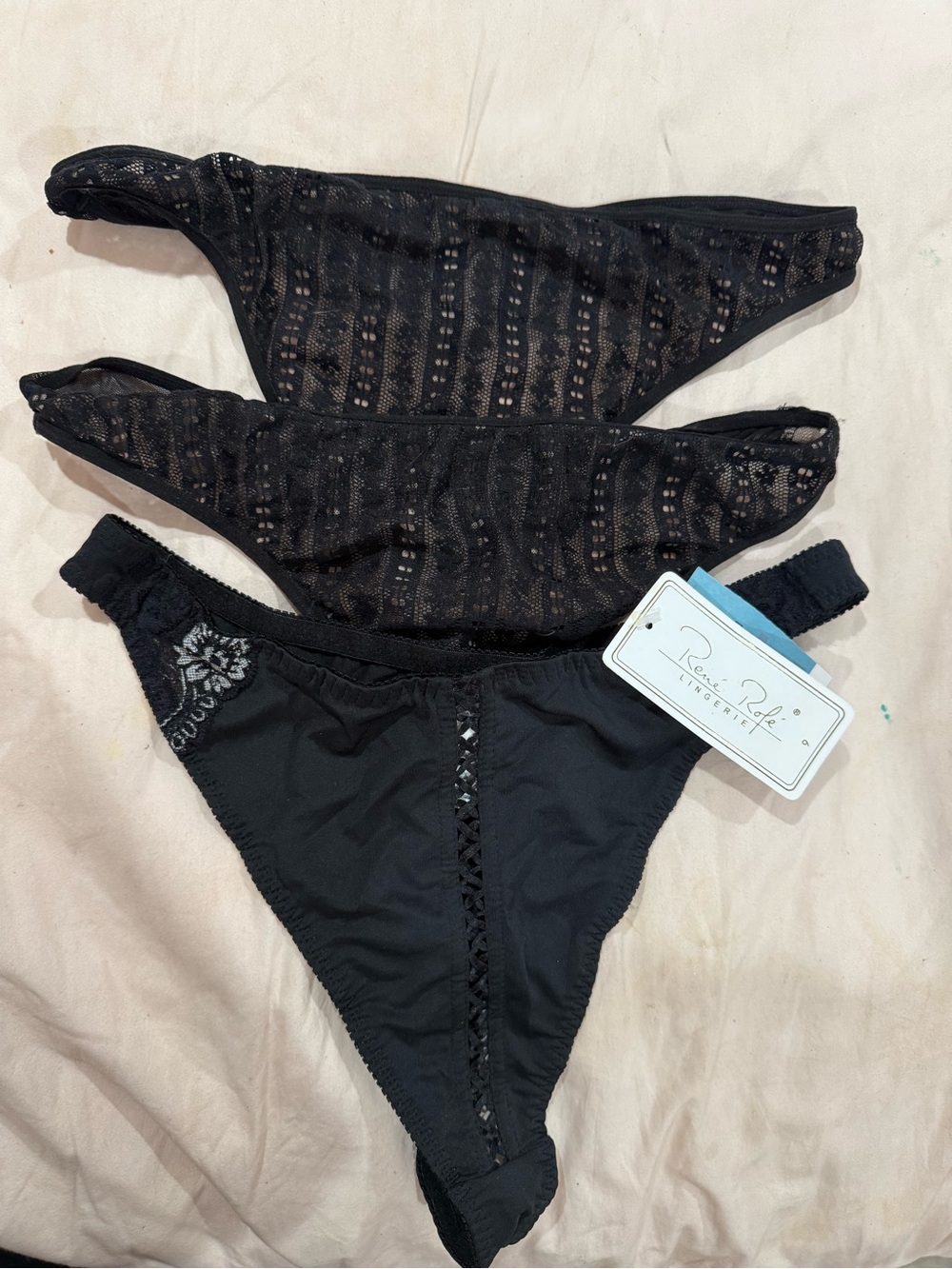 NWT Rene Rofe Black Lace & Microfiber Thong Panties - 3 Pack